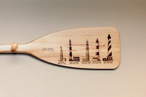 Boat Paddle Coat Rack with engraved Lighthouses of The Outer